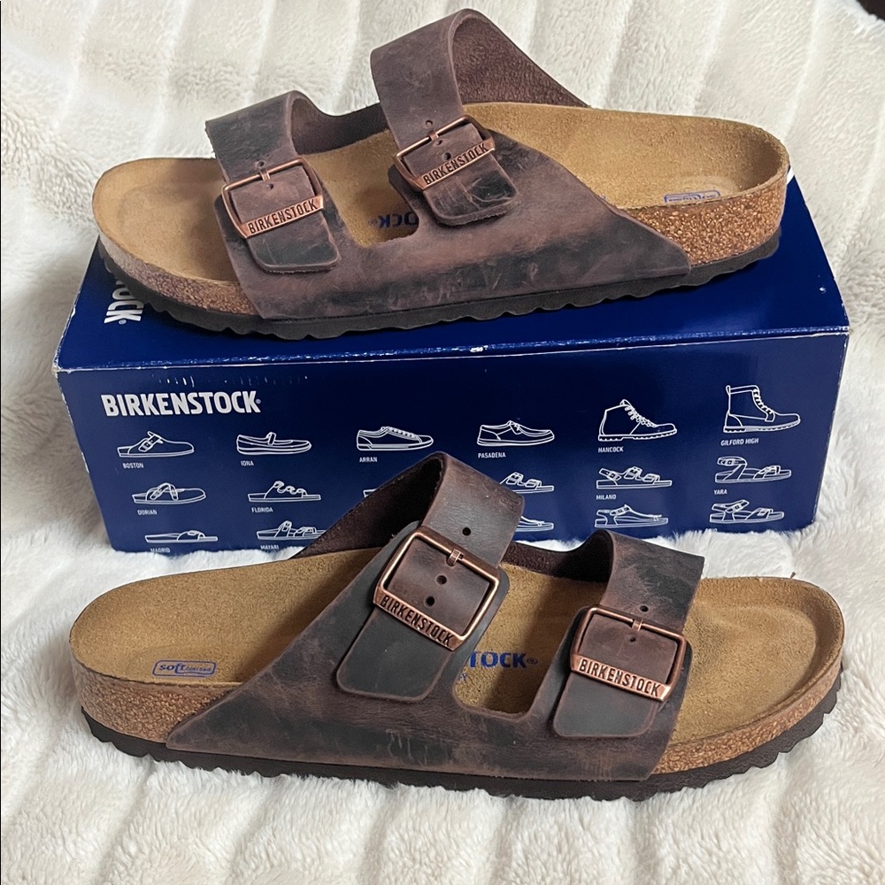 Birkenstock Arizona Habana Oiled Leather Slide Sandals, Narrow, Size 42